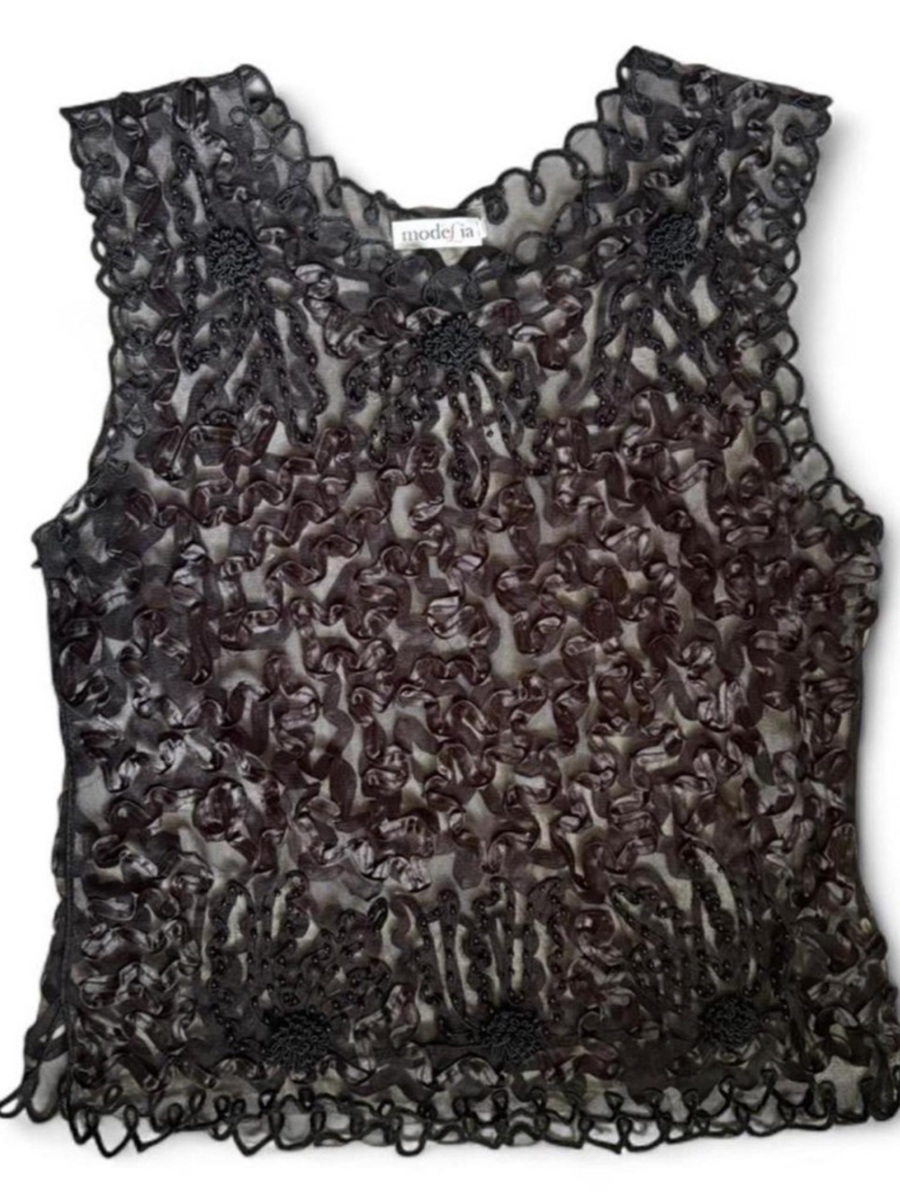 ModeLia black ribbon embroidered mesh beaded sleeveless top size large